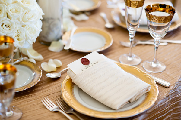 reception gold place setting - real wedding photo by Orange County photographers Boutwell Studio